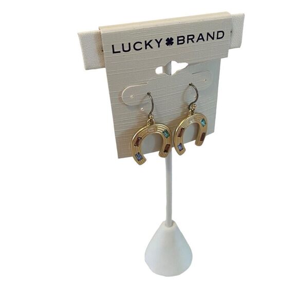 Goldtone Horseshoe Drop Earrings w/Multi-Colored Set Stones. - Picture 2 of 6
